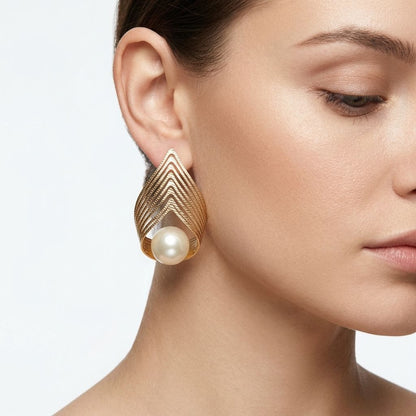 Gold Stud Sculpted Cradle Cream Pearl Earrings