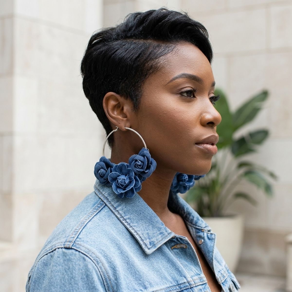 Hoop Denim Jean Triple Rose Flower Silver Earrings