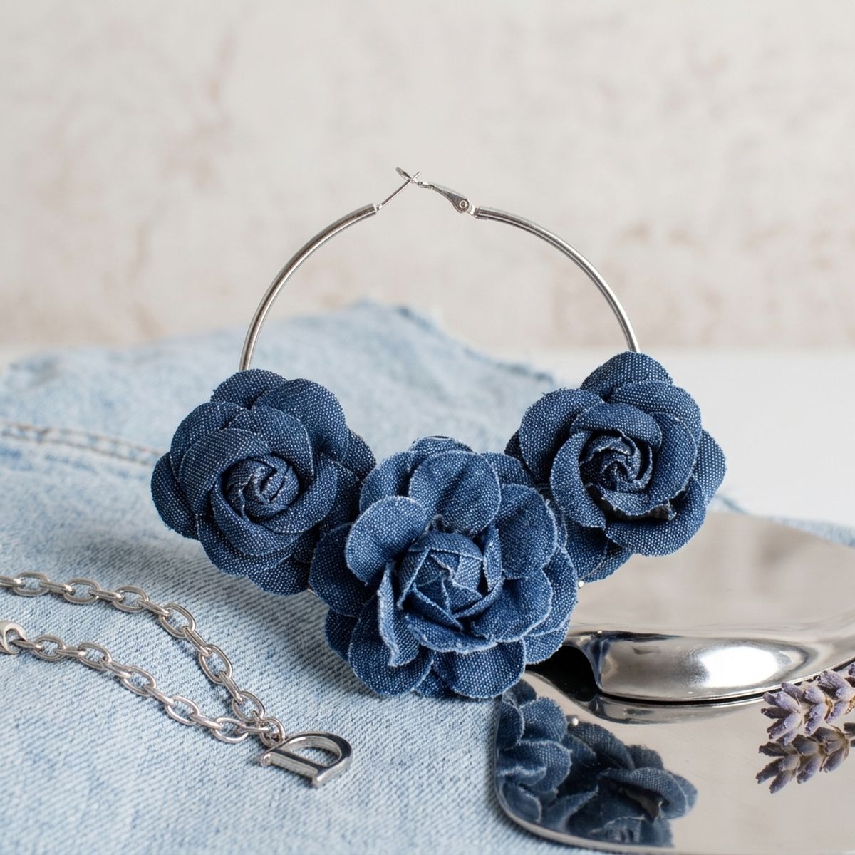 Hoop Denim Jean Triple Rose Flower Silver Earrings