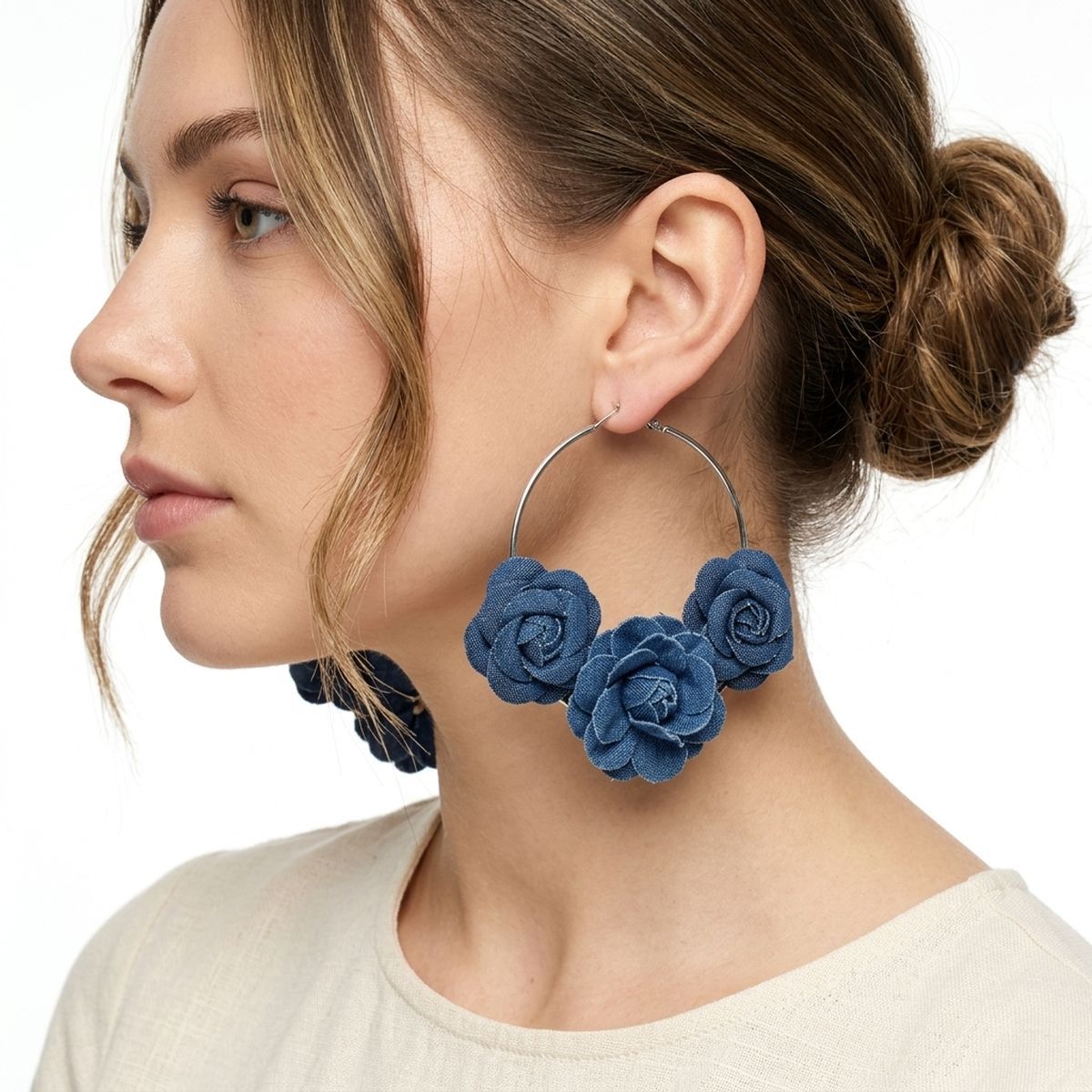Hoop Denim Jean Triple Rose Flower Silver Earrings