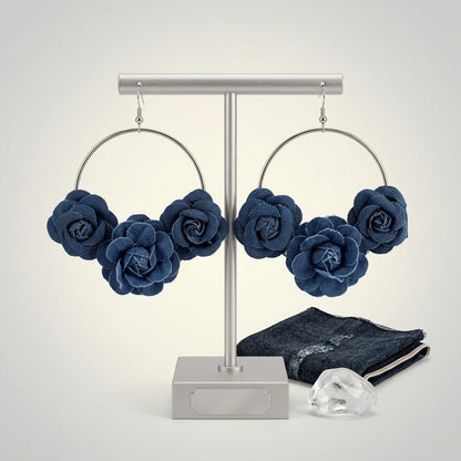 Hoop Denim Jean Triple Rose Flower Silver Earrings