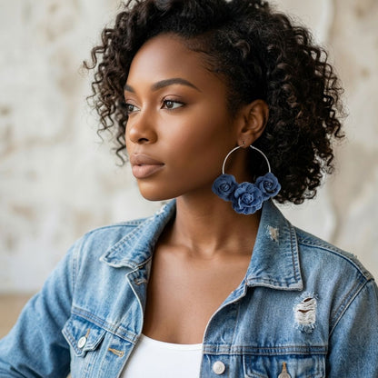 Hoop Denim Jean Triple Rose Flower Silver Earrings