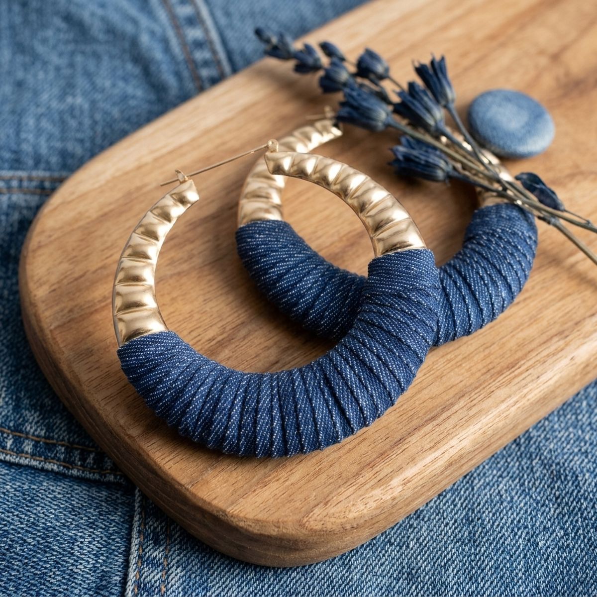 Hoop Denim Wrapped Thick Gold Bubble Earrings
