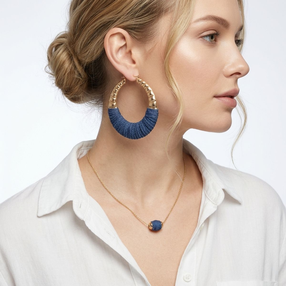 Hoop Denim Wrapped Thick Gold Bubble Earrings