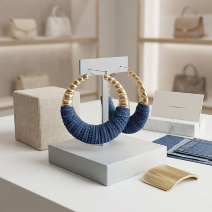 Hoop Denim Wrapped Thick Gold Bubble Earrings