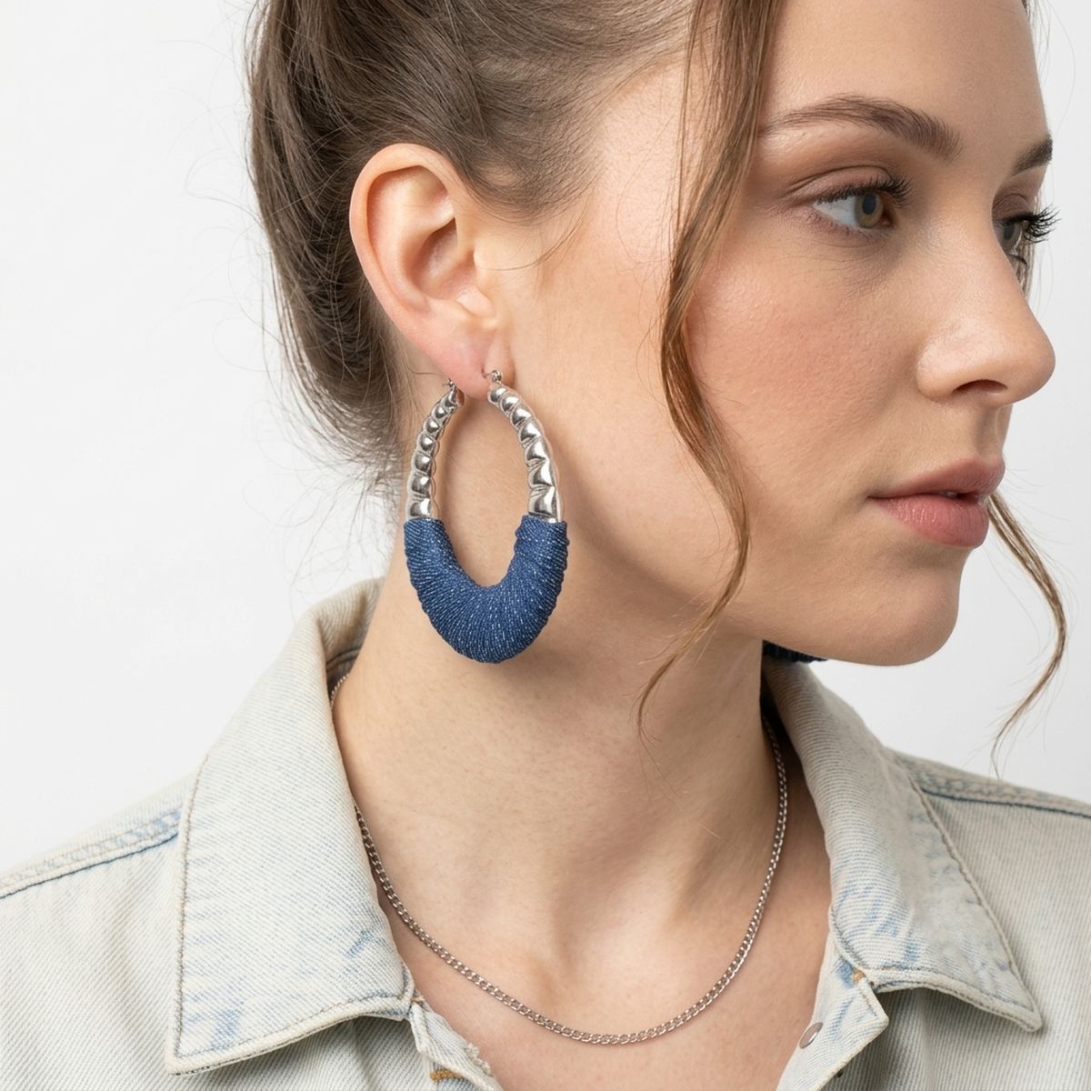 Hoop Denim Wrapped Thick Silver Bubble Earrings