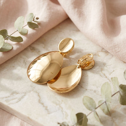 Clip On XL Gold Polished Curved Oval Drop Earrings