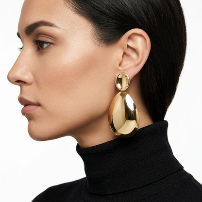 Clip On XL Gold Polished Curved Oval Drop Earrings