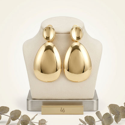 Clip On XL Gold Polished Curved Oval Drop Earrings