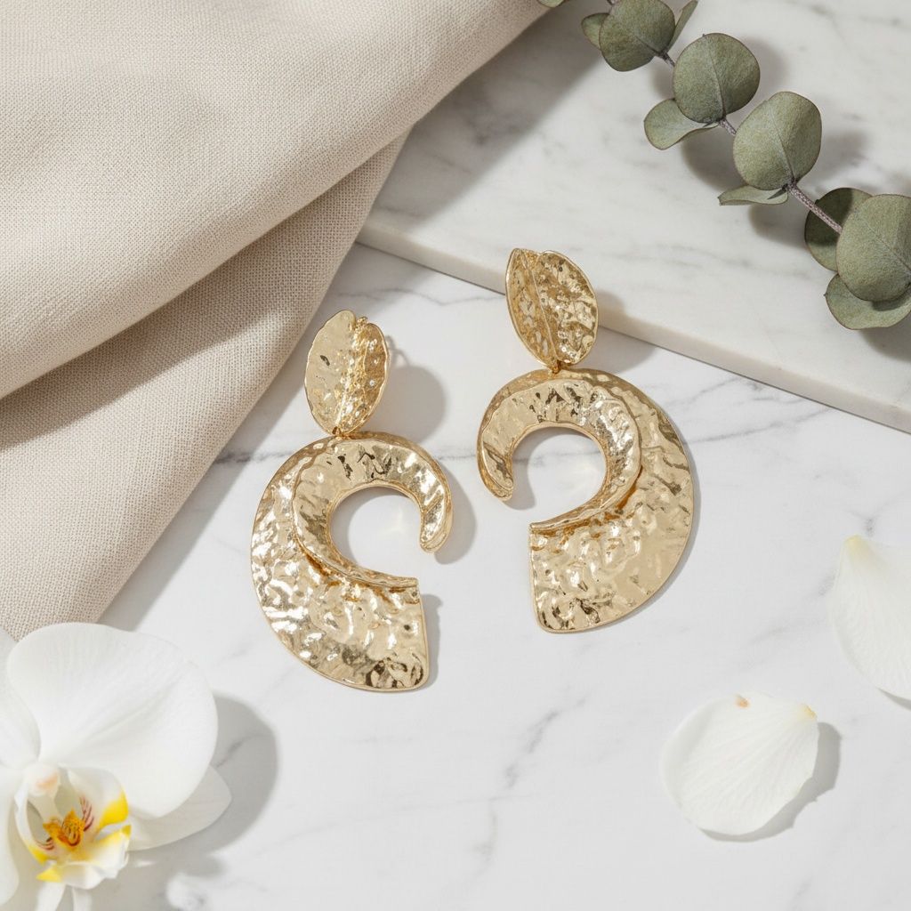 Clip On Gold Melted Metal Open C Large Earrings