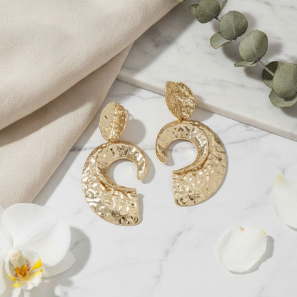 Clip On Gold Melted Metal Open C Large Earrings