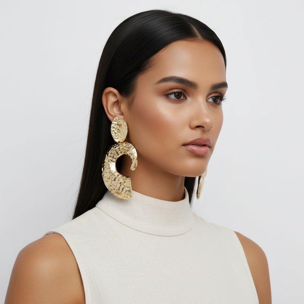 Clip On Gold Melted Metal Open C Large Earrings