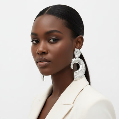 Clip On Silver Melted Metal Open C Large Earrings