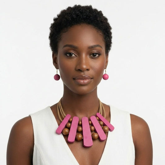 Necklace Fuchsia Wood Choker Set for Women