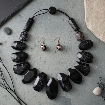 Toggle Chunky Black Leopard Bead Cord Necklace