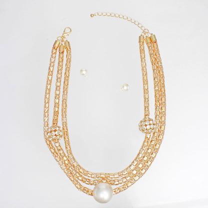 Layered Gold Mesh Snake Chain Ball Pearl Necklace