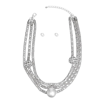 Layered Silver Mesh Snake Chain Ball Pearl Set