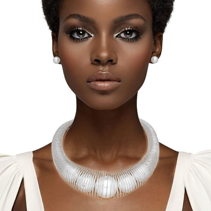 Collar Silver Spring Chain Pearl Filled Necklace