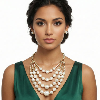 Cream Pearl and Gold Bead Layered Bib Necklace