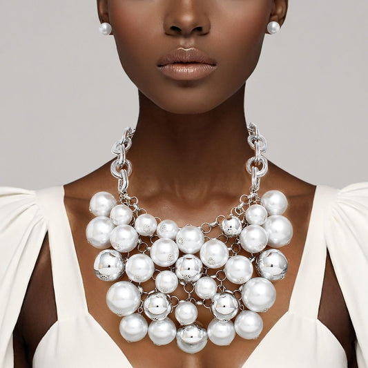 Bib Opulent White Pearl Silver Chainmaille Necklace