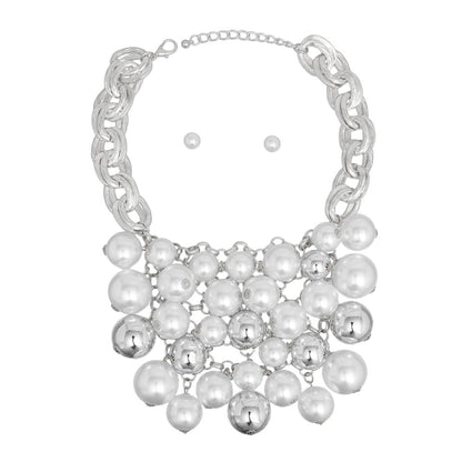 Bib Opulent White Pearl Silver Chainmaille Necklace