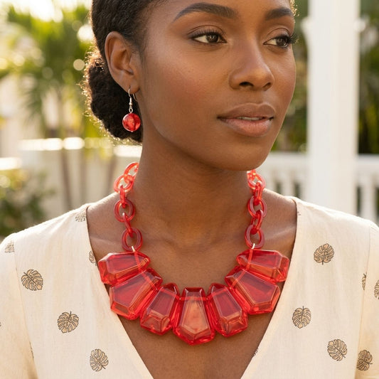 Semi Transparent Red Bead Link Collar Necklace