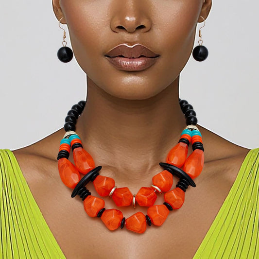 Beaded Orange Stone Ethnic Chic Layered Necklace