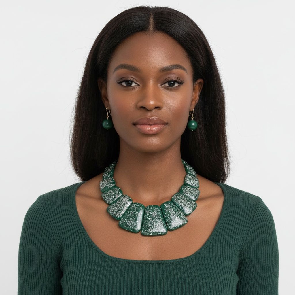 Bib Green Resin and Silver Confetti Large Necklace