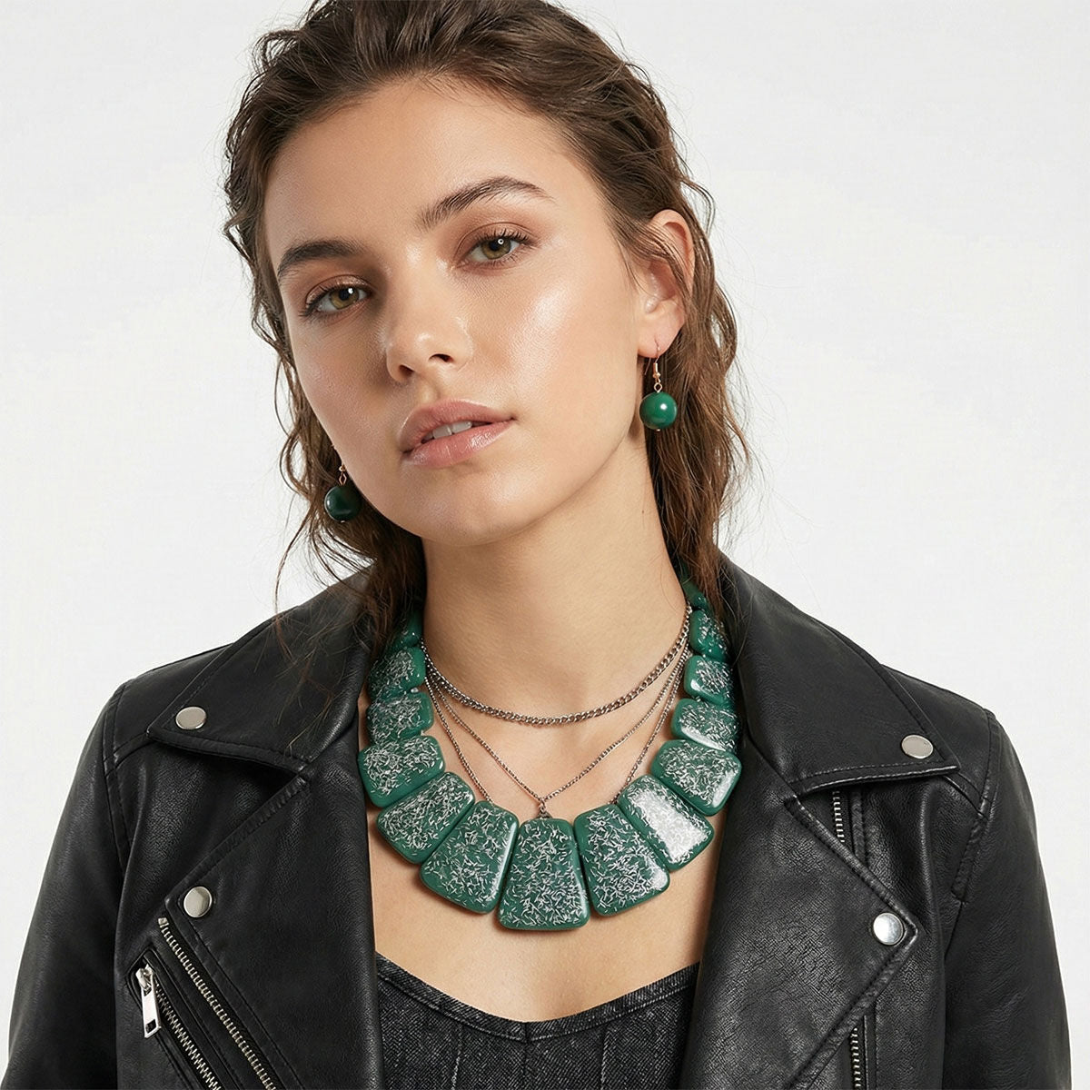 Bib Green Resin and Silver Confetti Large Necklace