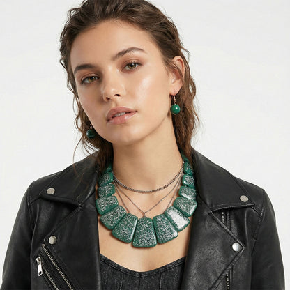 Bib Green Resin and Silver Confetti Large Necklace