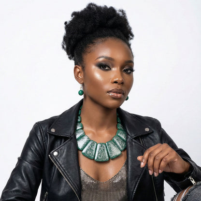 Bib Green Resin and Silver Confetti Large Necklace