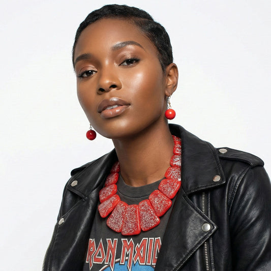 Bib Red Resin and Silver Confetti Large Necklace