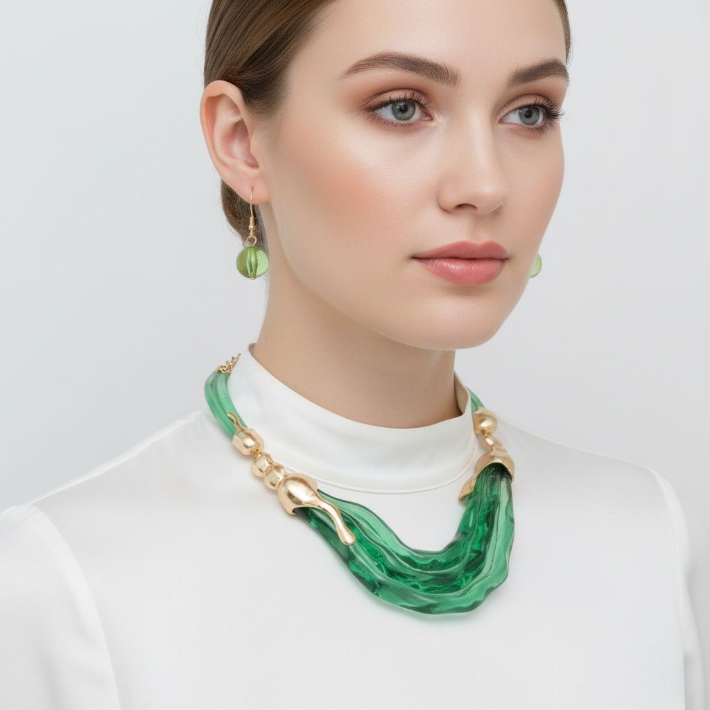 Bib Transparent Green Melted Design Necklace