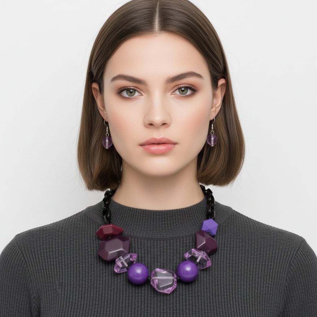 Beaded Purple Chunky Mixed Bead Tribal Necklace