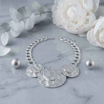 Bib Silver Wavy Stacked Discs Double Link Necklace