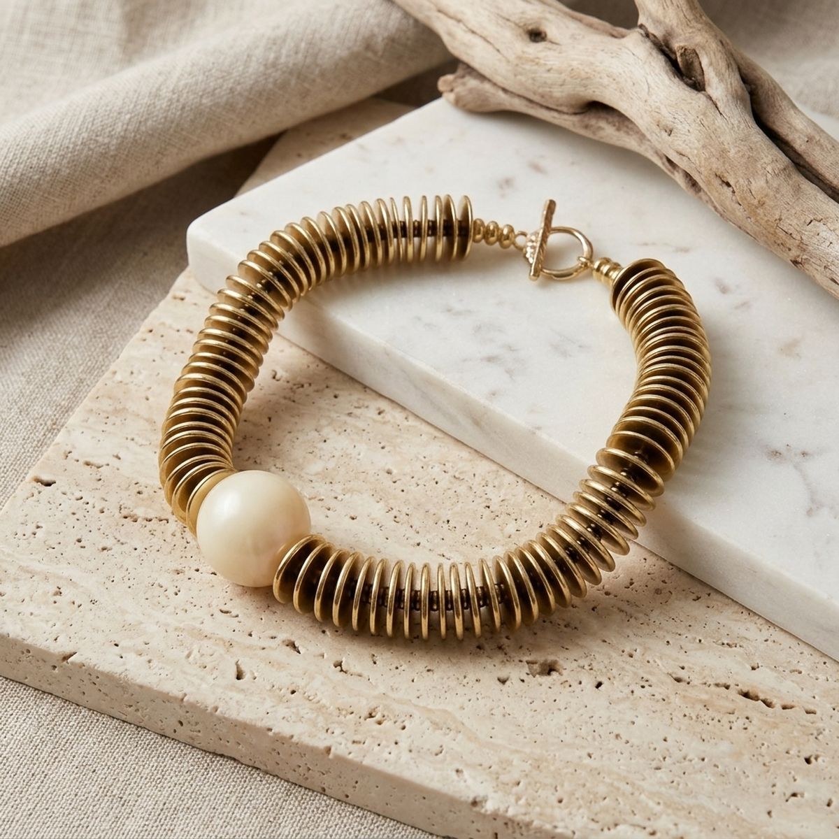Beaded Gold Disc Iridescent Pearl Toggle Necklace