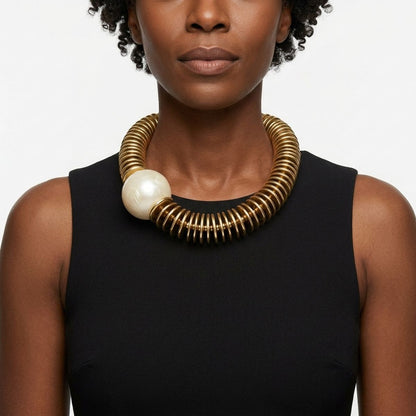 Beaded Gold Disc Iridescent Pearl Toggle Necklace