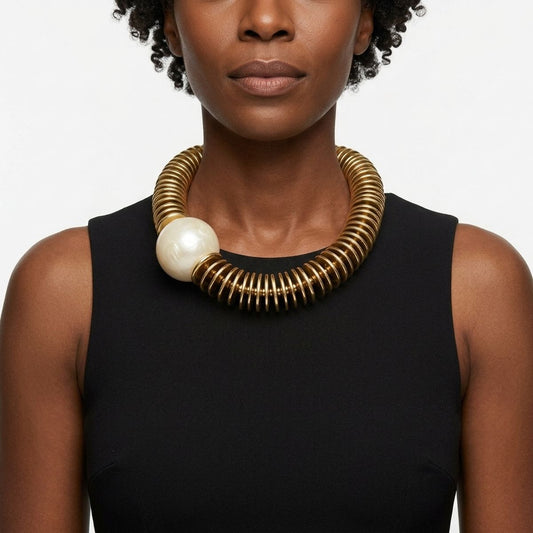 Beaded Gold Disc Iridescent Pearl Toggle Necklace