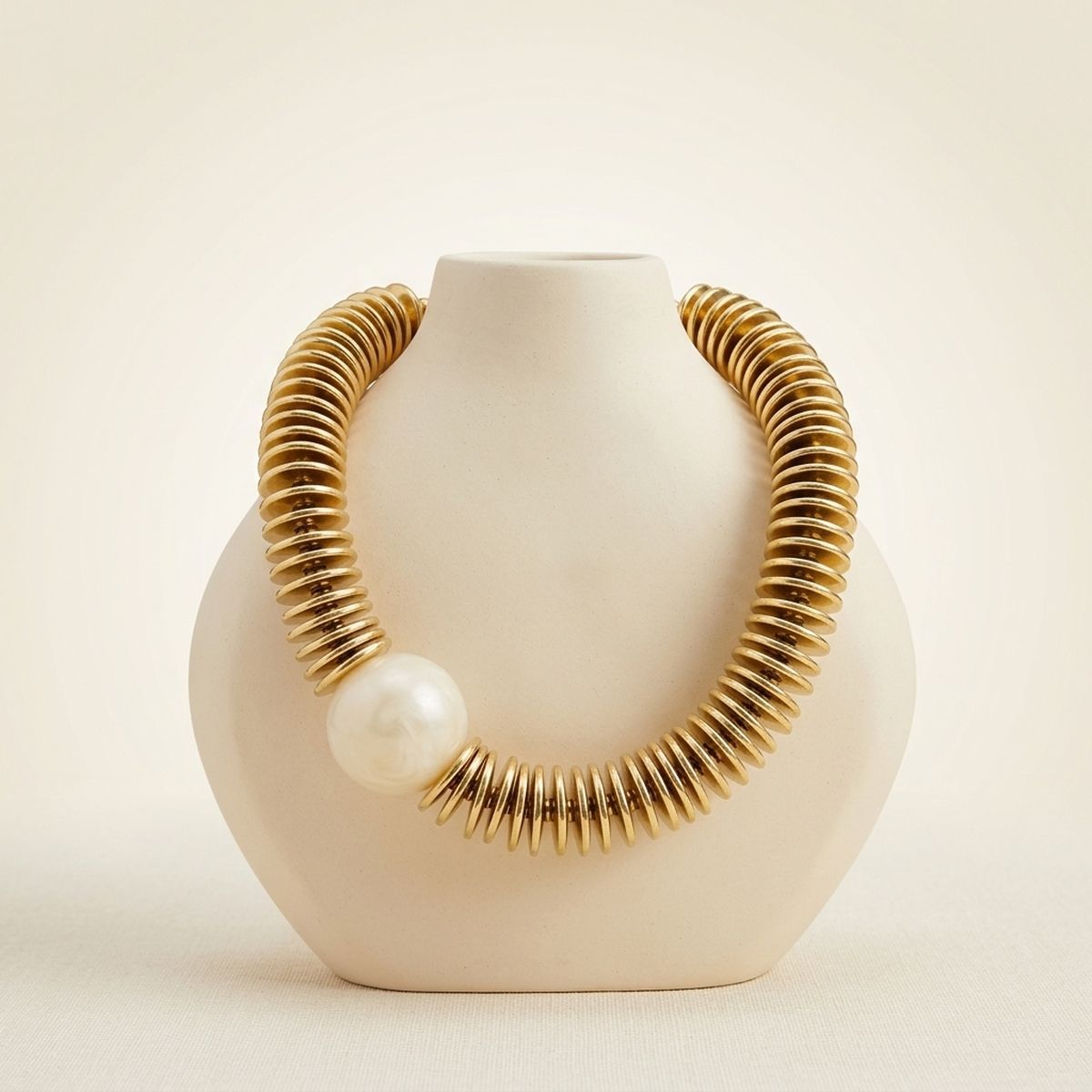 Beaded Gold Disc Iridescent Pearl Toggle Necklace