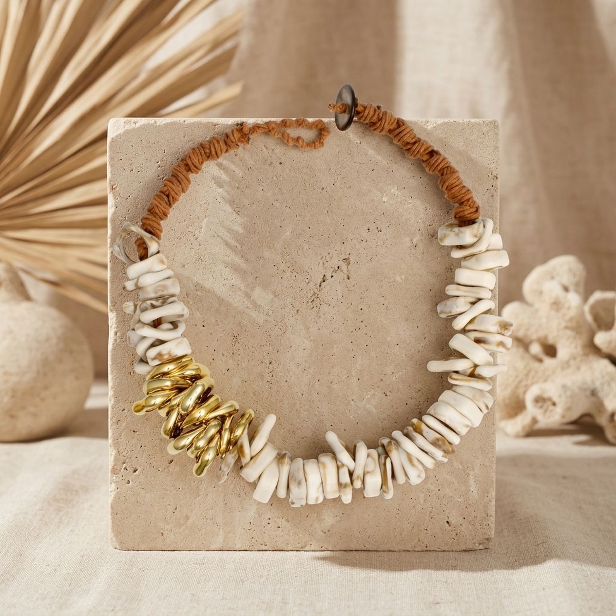 Tribal Stacked Ivory Squares Leather Necklace
