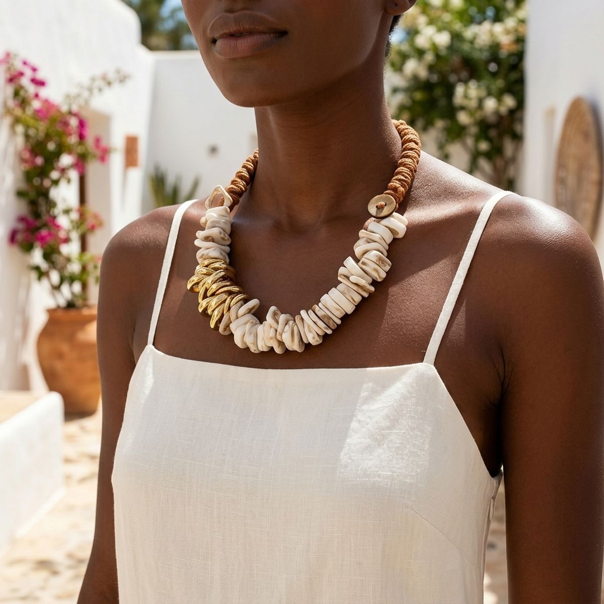 Tribal Stacked Ivory Squares Leather Necklace