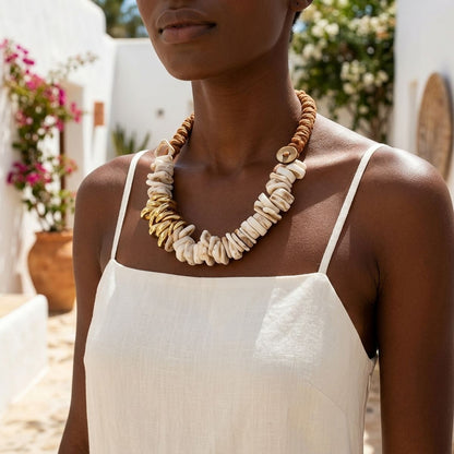 Tribal Stacked Ivory Squares Leather Necklace