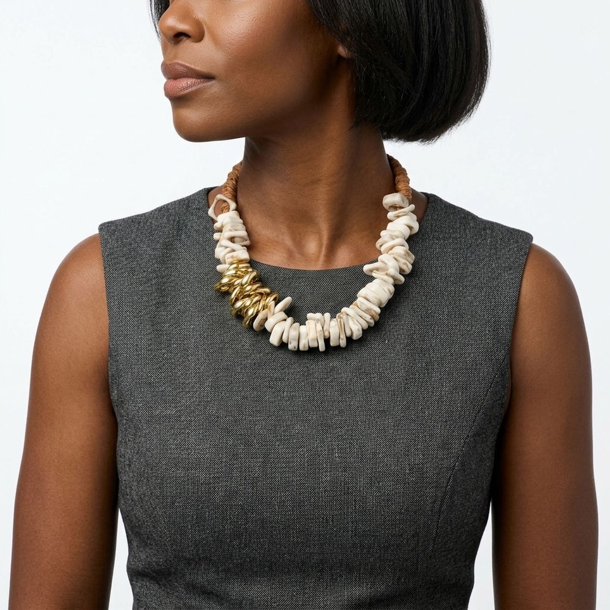 Tribal Stacked Ivory Squares Leather Necklace