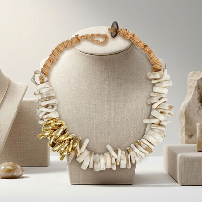 Tribal Stacked Ivory Squares Leather Necklace