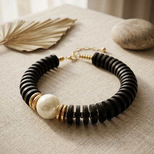Beaded Black Wood Disc Milky Pearl Chunky Necklace