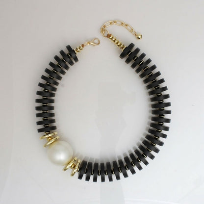 Beaded Black Wood Disc Milky Pearl Chunky Necklace