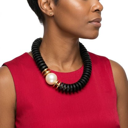 Beaded Black Wood Disc Milky Pearl Chunky Necklace