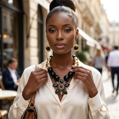 Black and Gold Jumbo Bead Flower Pendant Necklace