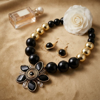 Black and Gold Jumbo Bead Flower Pendant Necklace
