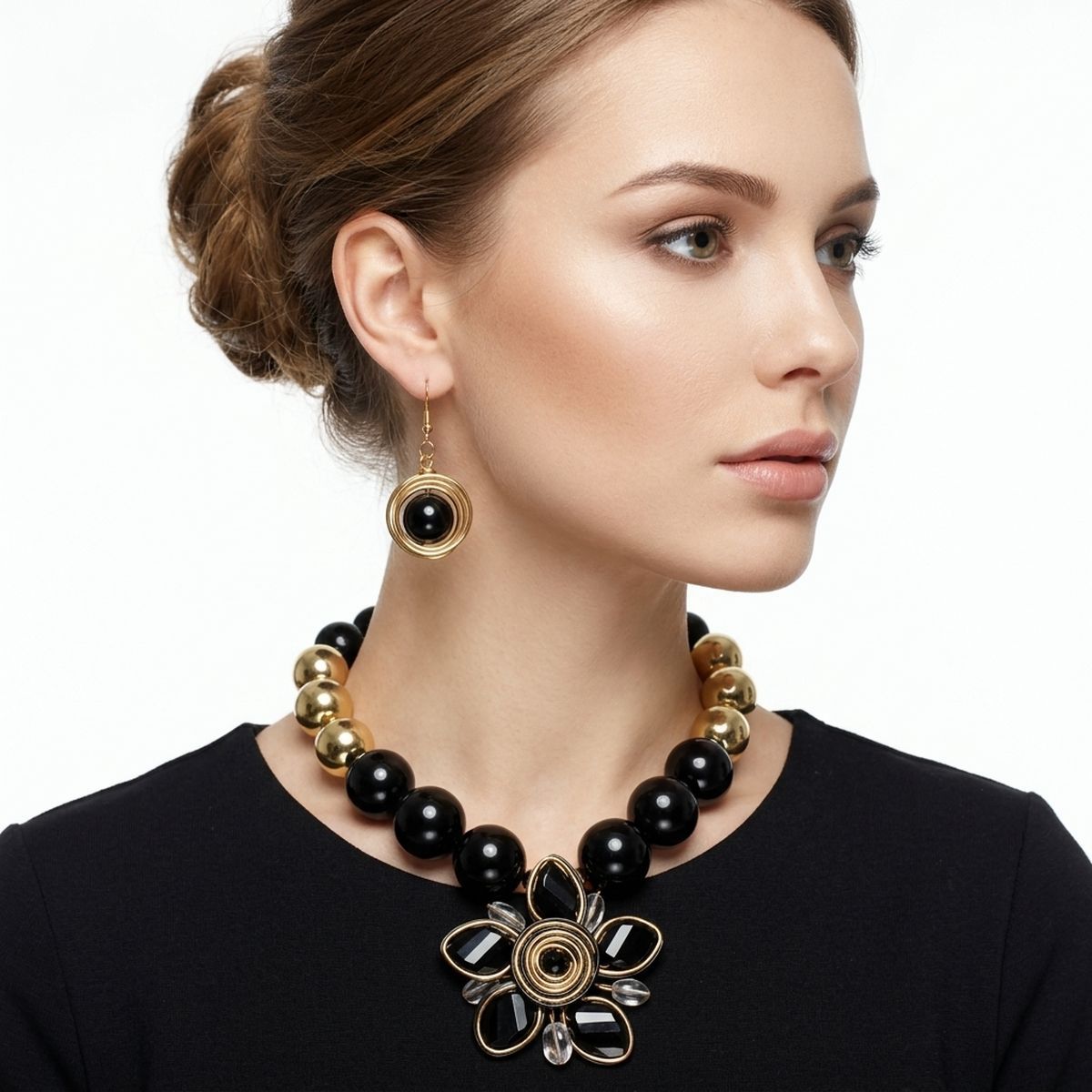 Black and Gold Jumbo Bead Flower Pendant Necklace